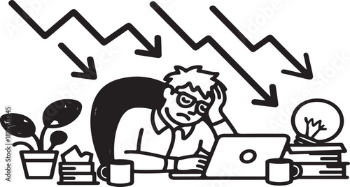 Distressed individual vector illustration feeling overwhelmed by work pressure and professional burnout at desk