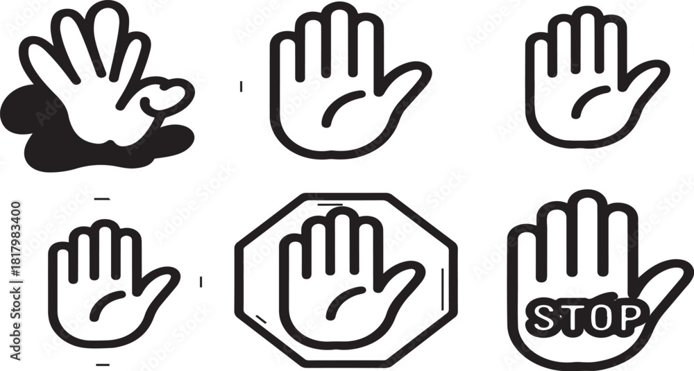Fototapeta premium Collection of hand gestures vector icons showing various human hand positions and symbols on a black background