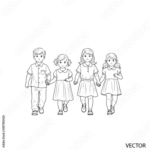 Children walking together, black and white illustration of four kids holding hands and walking