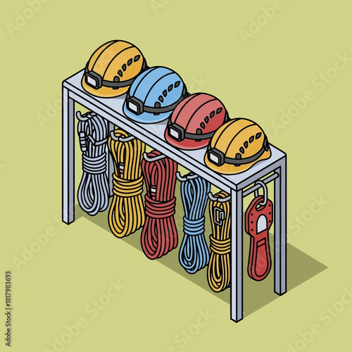 Climbing Gear Rack with Helmets and Ropes Illustration.