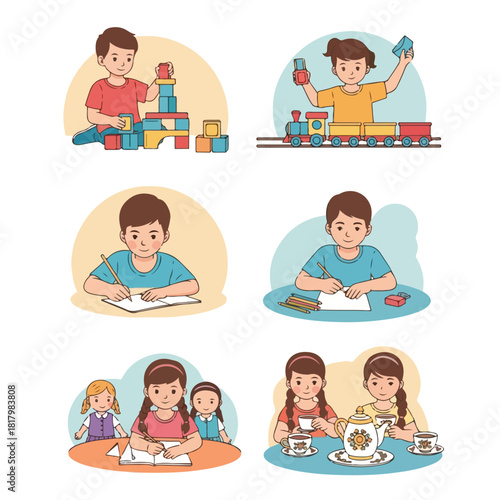 Children engaged in various playful and educational activities including building blocks, trains, reading, and tea parties