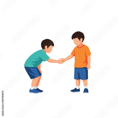 Two young boys, one in a blue shirt and the other in an orange shirt, are shaking hands on a white background