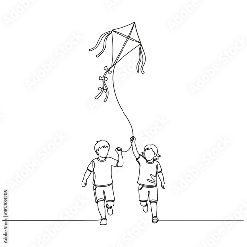 Children joyfully running with a kite, celebrating a carefree outdoor activity and childhood fun