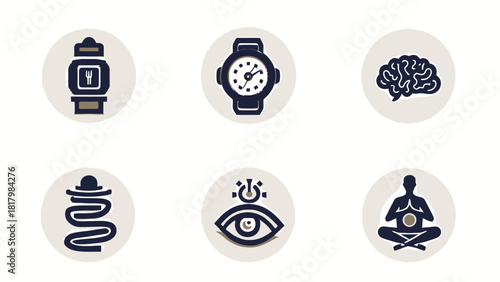 Flat vector illustration set focused on mental health and mindfulness, featuring a spinning top, wristwatch, brain, and people meditating in lotus positions.