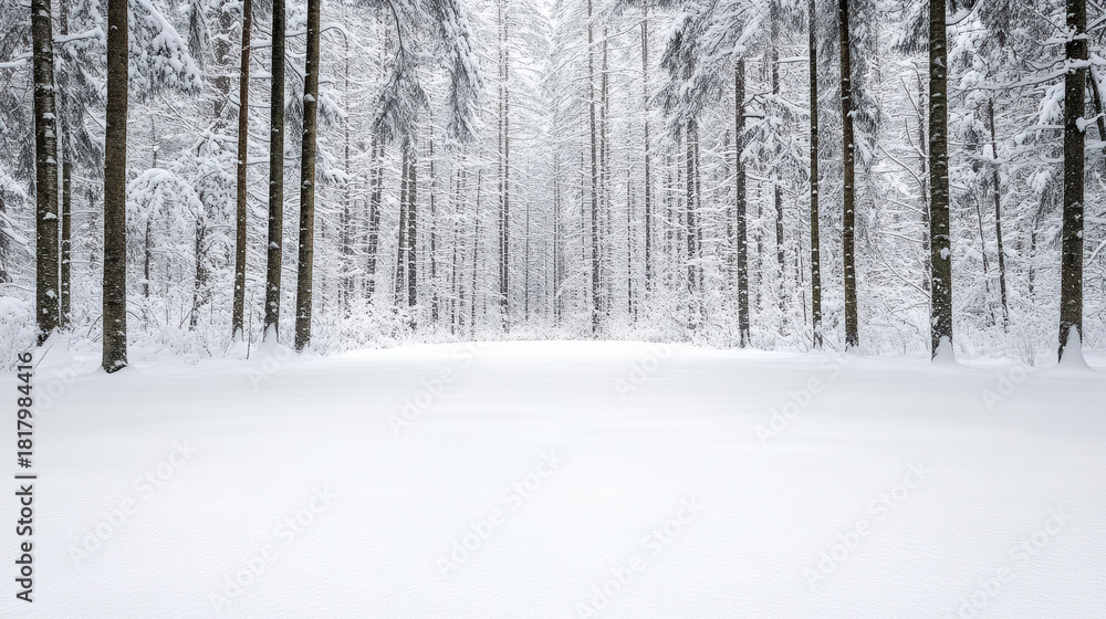 Naklejka premium Snowy forest pathway with tall pine tree trunks and soft icy haze, serene winter scene
