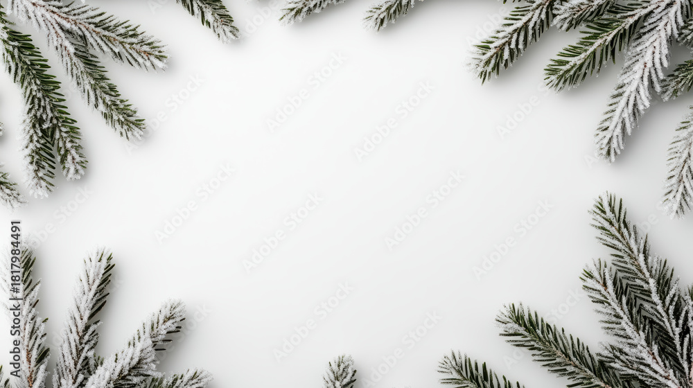 Fototapeta premium Snowy pine frame frosty evergreen border with empty soft gradient center
