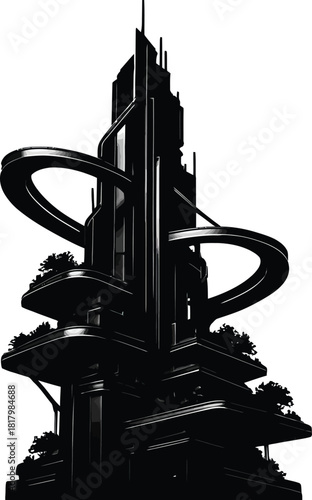 Striking black and white illustration of a futuristic spiraling skyscraper design