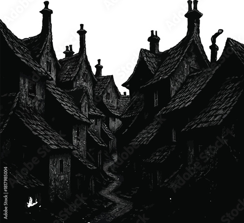 A dark and eerie illustration of tightly packed gothic style houses