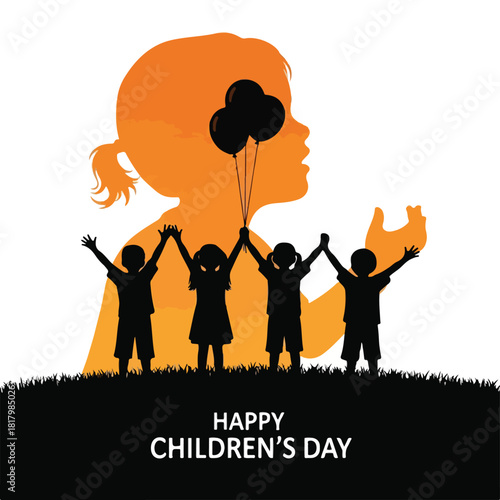 Happy Children's Day illustration with silhouette of a girl holding balloons and children celebrating