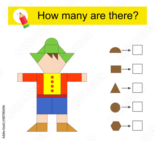 Math activity for kids. How many geometric shapes? Cartoon boy.