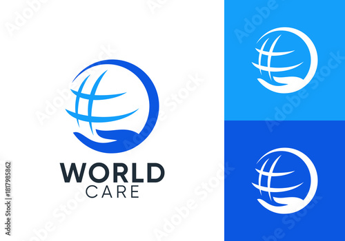 world and hand logo. simple global care icon design concept