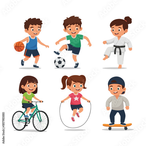 Active children engaged in various sports and recreational activities, showcasing a healthy lifestyle