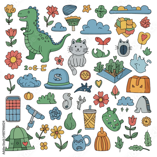 Collection of cute cartoon illustrations featuring animals, plants, and miscellaneous objects with a playful aesthetic