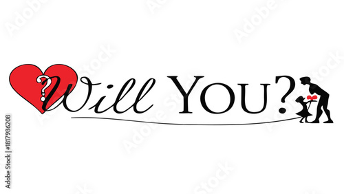 A silhouette of a man proposing to a woman with a red heart and question mark symbolizing love and uncertainty