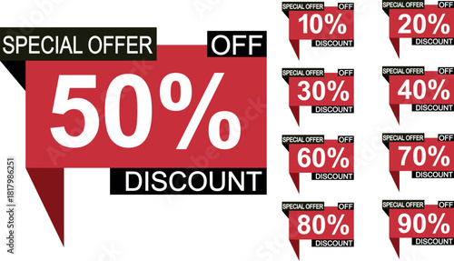 Collection of red discount tags and labels with various percentage offers from 10% to 90% off for sales and promotions.
