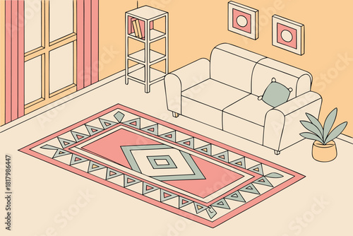 Soft pastel interior with patterned rug and warm daylight vector design