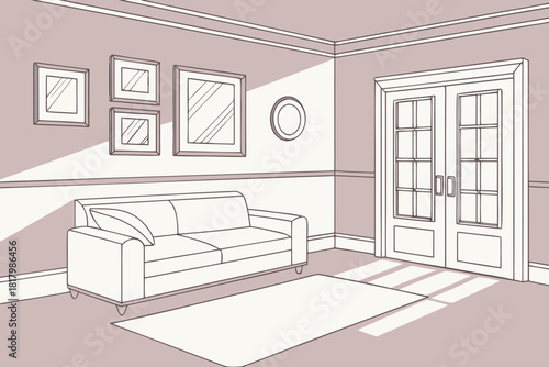 Sky pastel living room with white sofa and minimal wall frames vector illustration