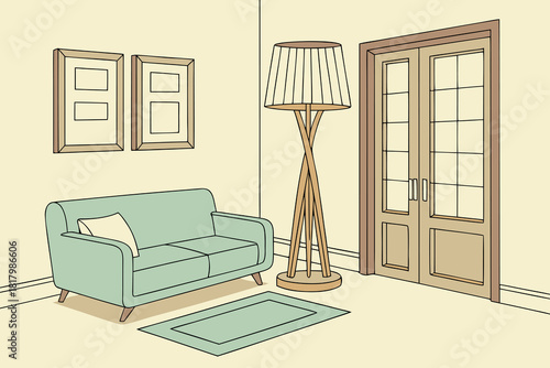 Pastel beige living room with mint sofa and wooden lamp vector illustration