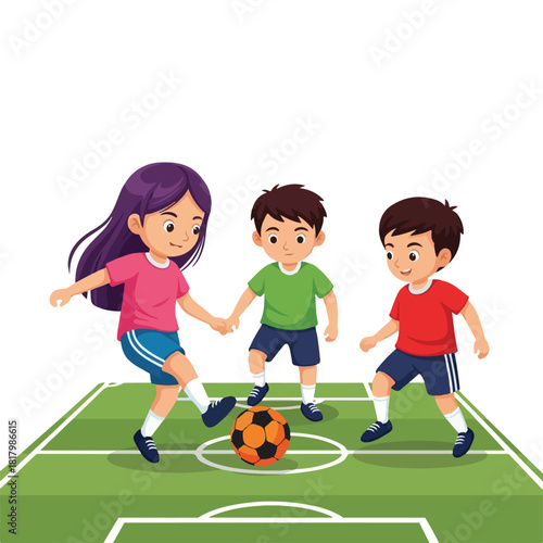 Children playing soccer on a field, enjoying a friendly match and developing teamwork skills