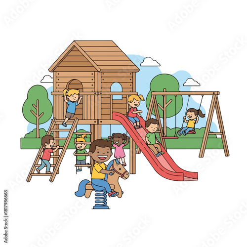 Happy children playing in a wooden playground with swings and slides on a sunny day