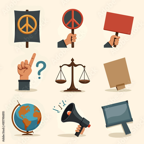 Vector icon collection representing social activism and justice, including protest signs, peace symbols, scales of justice, a megaphone, and a globe.