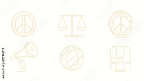 Vector icon collection representing social activism and justice, including protest signs, peace symbols, scales of justice, a megaphone, and a globe.