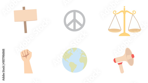 Vector icon collection representing social activism and justice, including protest signs, peace symbols, scales of justice, a megaphone, and a globe.