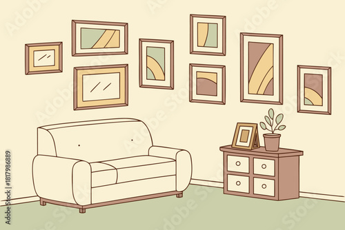 Pastel living room with bright wall and bold colorful frames vector