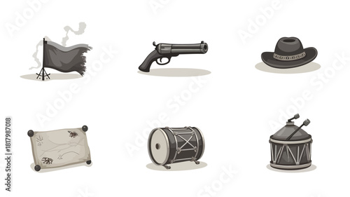 Historical vector icon set featuring vintage military items like muskets, a cannon, a flag, an old map scroll, a cowboy hat, and drums.