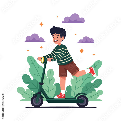 A cheerful young boy enjoys a joyful ride on an electric scooter, surrounded by lush green foliage and whimsical clouds, embracing an active outdoor lifestyle