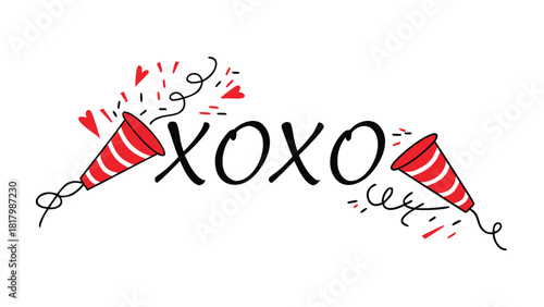 Xoxo text with exploding party poppers and red hearts on a white background for valentine s day celebrations