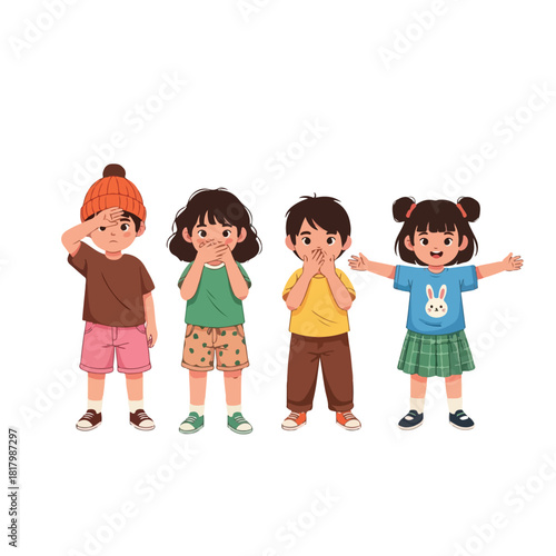 Four diverse children demonstrating gestures of silence and attention