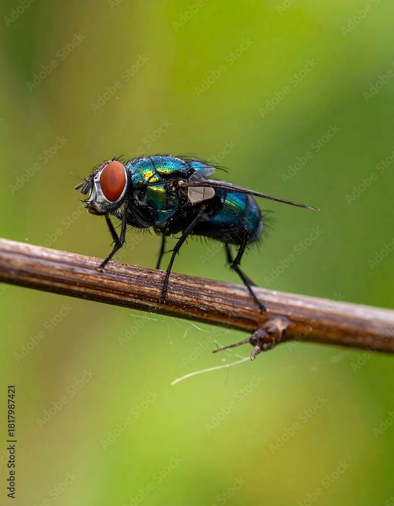 Naklejka premium Close-up of a iridescent blow fly perched on a twig.
