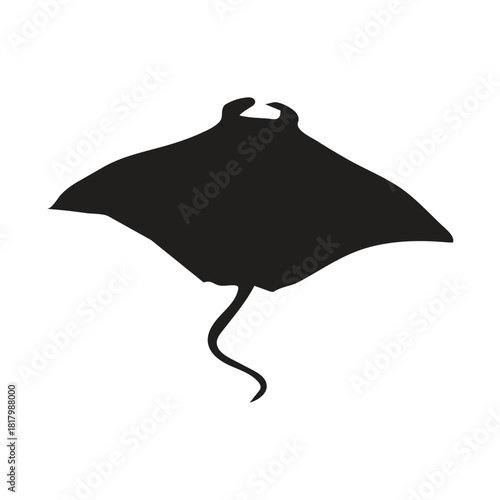 Stingray silhouette image. The illustration of a stingray is a body shape that is very flat and wide like a disc, equipped with wide pectoral fins like wings and has a mouth that is on the bottom of t
