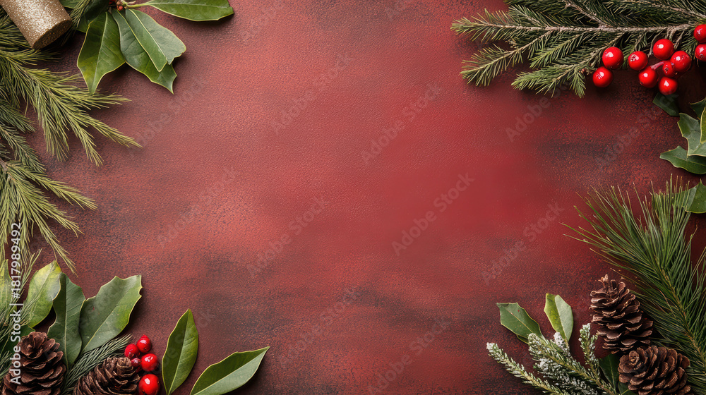 Obraz premium Red velvet holiday background with pine branches and holly berries evoking festive warmth