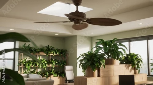 Sunlit modern living room with a biophilic design concept, featuring a stylish ceiling fan under a skylight and an abundance of lush indoor plants