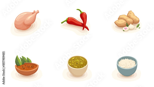 Detailed vector illustration set of spicy foods, featuring chili peppers, ramen bowls with chopsticks, tacos with hot sauce, and flames.
