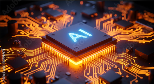 Futuristic AI microprocessor chip with glowing circuit board and neural streams on a technology brain