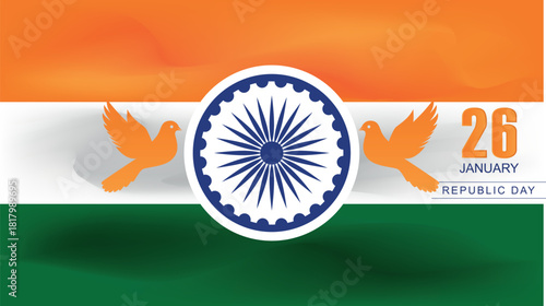 Indian Republic Day illustration with flag, birds, and Ashoka Chakra.