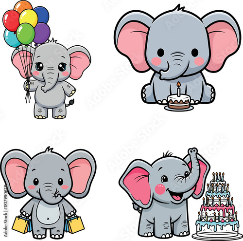 Cute cartoon baby elephants celebrating birthdays and shopping, holding balloons, cakes, and bags