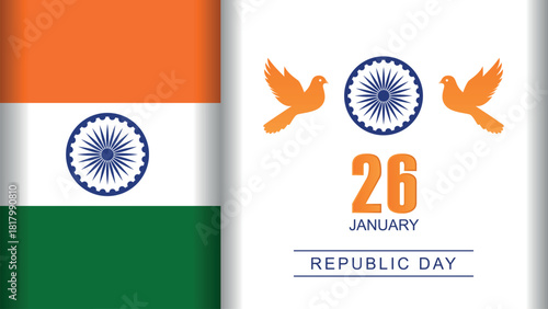 Indian Republic Day greeting card design with the national flag, Ashoka Chakra wheel, and peace doves.