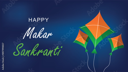 Happy Makar Sankranti greeting card with kites on a blue background.