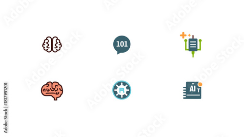 Vector icon set focusing on advanced technology and AI, featuring a brain tree, digital documents, location markers, and AI chips.