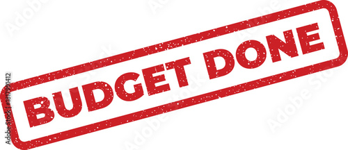 Textured red rubber stamp impression showing the words BUDGET DONE, indicating project completion or financial finalization