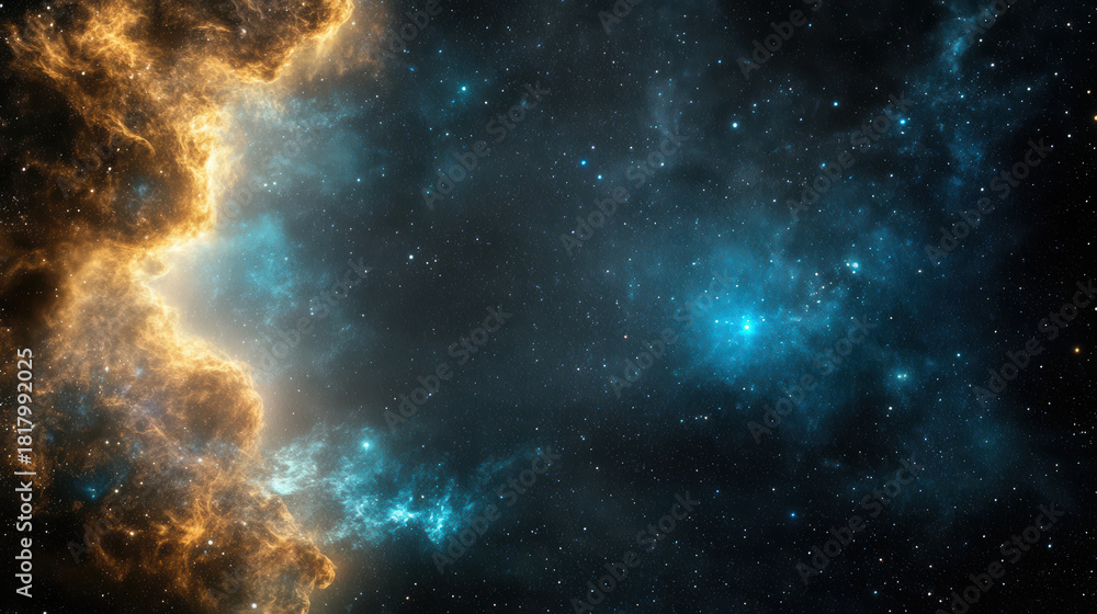 Fototapeta premium Golden nebula edge and blue starfield evoking wonder and serenity