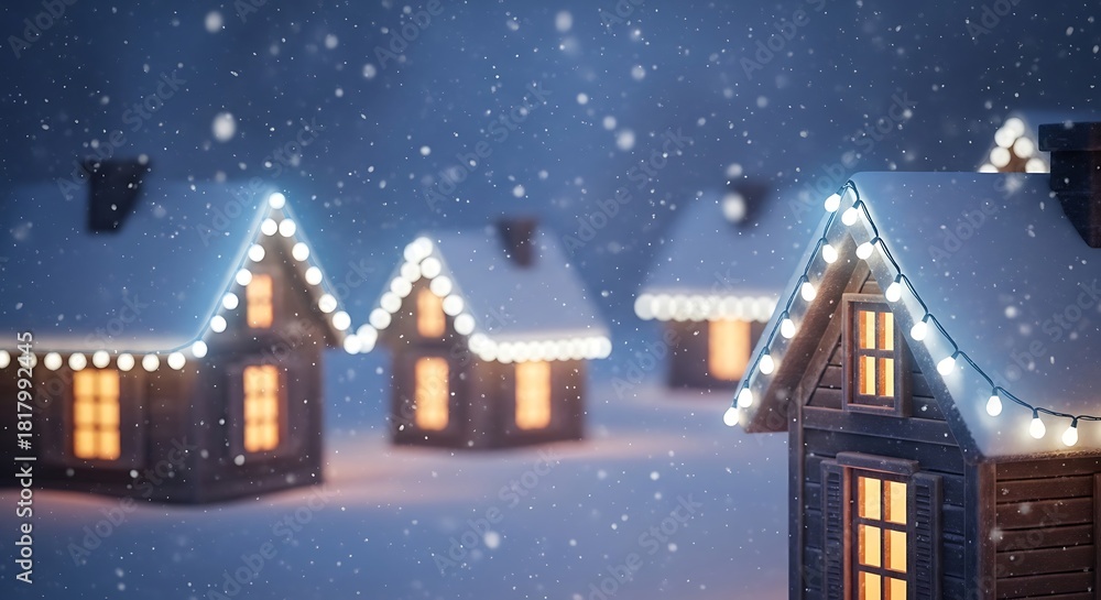 Fototapeta premium Cozy snow covered village houses decorated with christmas lights at night