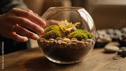 Close-up of a woman's hands carefully arranging moss and plants in a glass bowl terrarium, creating a beautiful miniature garden ecosystem