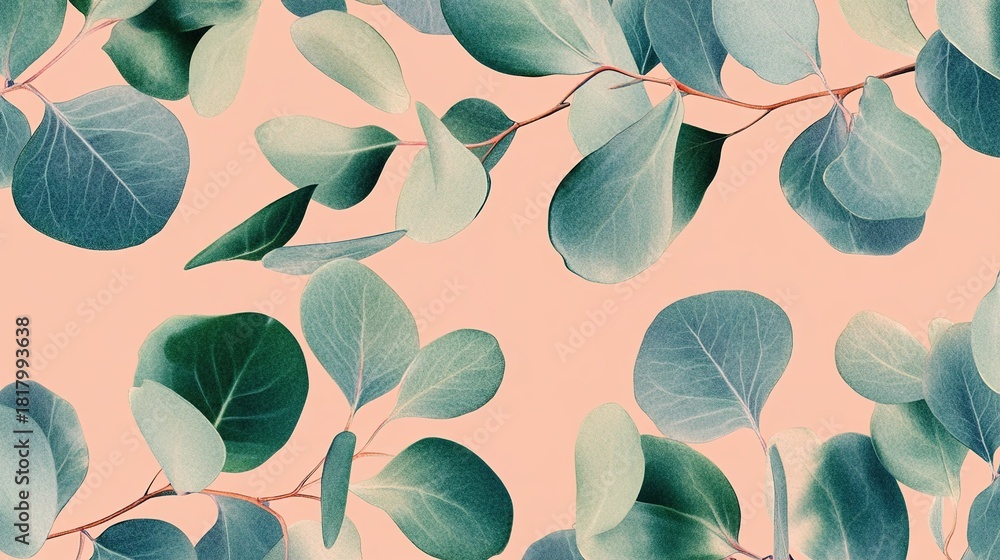 Eucalyptus leaves arranged in a swirling pattern on a pastel peach backdrop, detailed botanical illustration style, highlighting aromatic freshness, ideal for aromatherapy theme