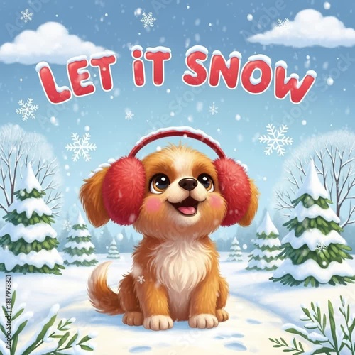 Let it Snow greeting card - cartoon puppy in red earmuffs sitting on snowy path. Snowflakes, joyful and festive winter.	