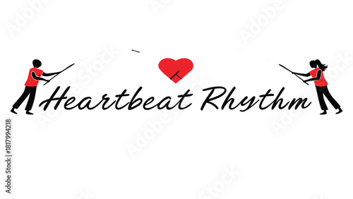 Two silhouettes of people holding drumsticks with a red heart symbol and the text heartbeat rhythm